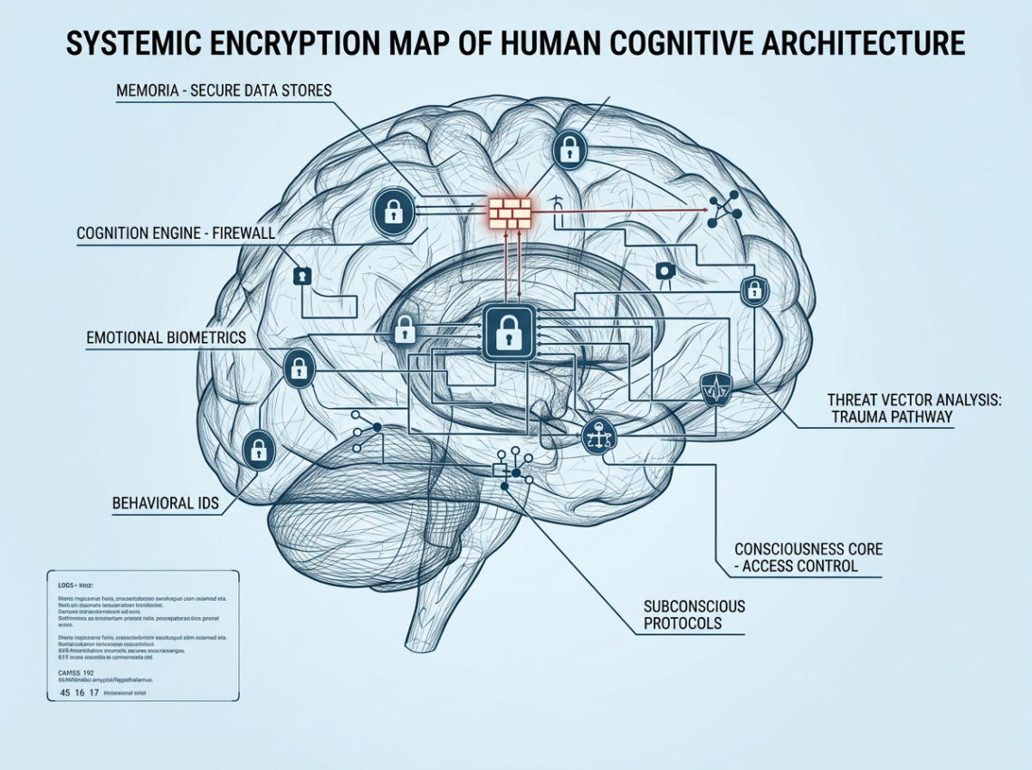 Scientist analyzing a holographic brain diagram with cybersecurity labels