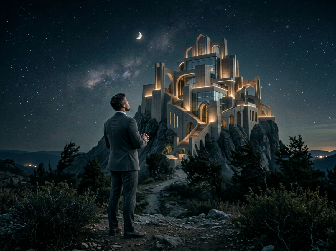 Man looking at illuminated ancient fortress with glowing symbols on mountain at night