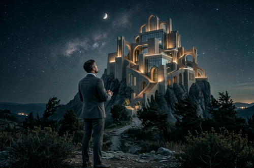 Man looking at illuminated ancient fortress with glowing symbols on mountain at night