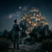 Man looking at illuminated ancient fortress with glowing symbols on mountain at night